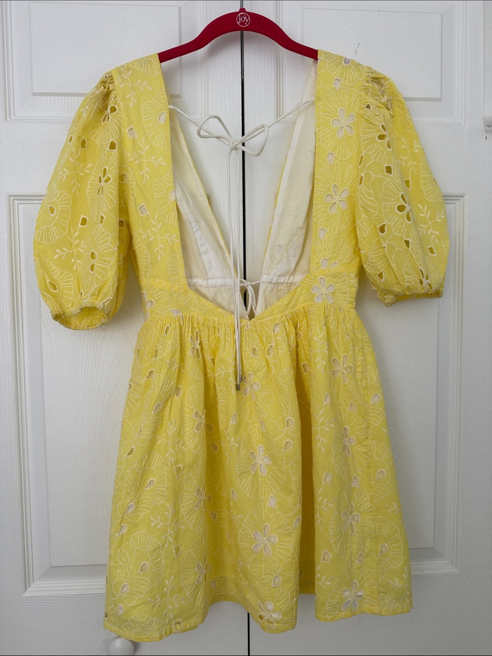 AVEC LES FILLES Yellow Eyelet Embroidered Open Back Puff Sleeve Size 2 Babydoll - Picture 6 of 16